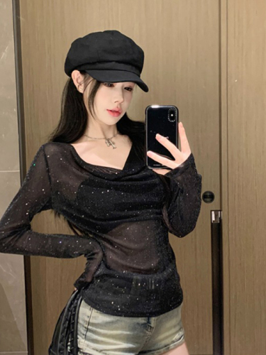 Original fabric Hot girl sexy swing collar long-sleeved T-shirt women's new pure desire slimming micro-transparent fine glitter bottoming top