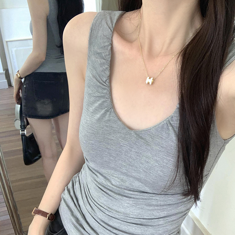 Real photos of U-neck pleated waist vest for women 2024 spring and summer new hot girl casual sports outer sleeveless top