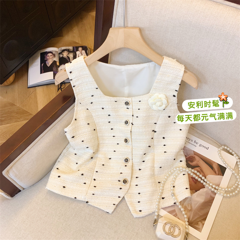 Qiu Rouyao French style daughter's fragrance polka dot vest women's waist summer new temperament top