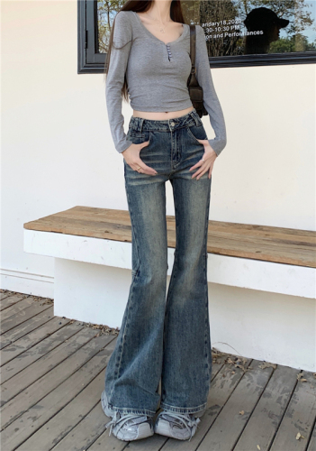 Real shot!  Korean all-match washed jeans for women, high-waisted and slim, American high street retro boot-cut pants, trendy