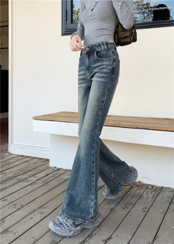 Real shot!  Korean all-match washed jeans for women, high-waisted and slim, American high street retro boot-cut pants, trendy