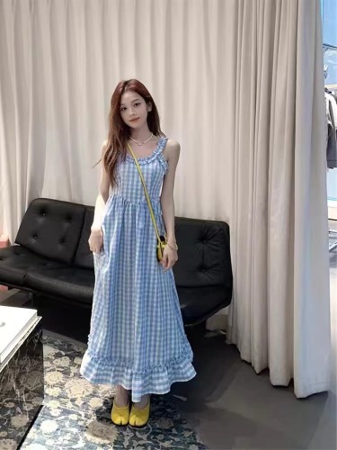 Sea salt ice cream fungus plaid long suspender dress fresh summer sweet retro dress