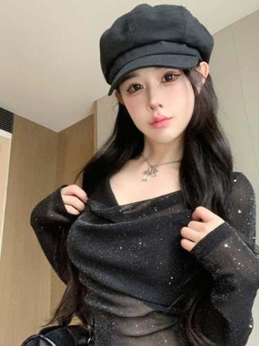 Original fabric Hot girl sexy swing collar long-sleeved T-shirt women's new pure desire slimming micro-transparent fine glitter bottoming top