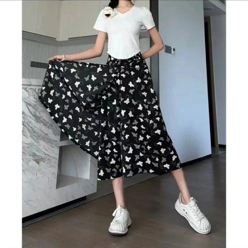 Tie-dyed chiffon culottes for women summer 2024 new thin high-waisted slim printed large skirt national style wide-leg pants