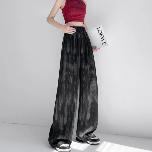 Ice silk ink painting tie-dye wide-leg pants for girls summer thin pants parent-child wear high-waist drape straight casual pants