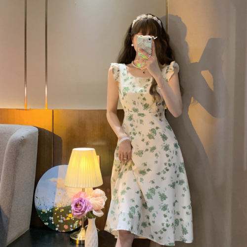 2024 new summer style French square neck small flying sleeve floral dress niche design waist slimming A-line long skirt