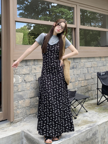 Real shot ~ Large size summer floral skirt suspender dress for women 2024 new tea break French black layered long skirt