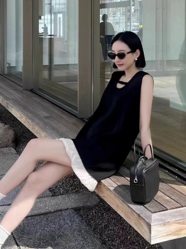 2024 summer new style French high-end hem soft gauze stitching sleeveless A-line vest dress for women