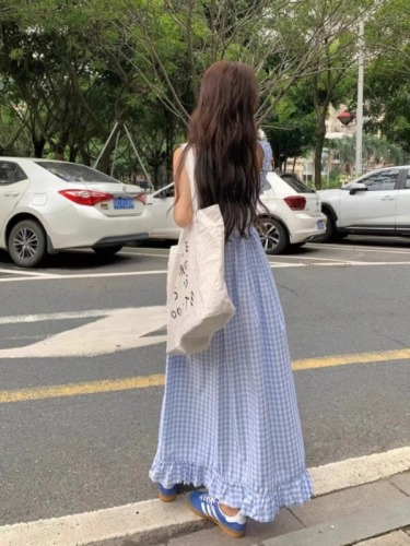 Sea salt ice cream fungus plaid long suspender dress fresh summer sweet retro dress