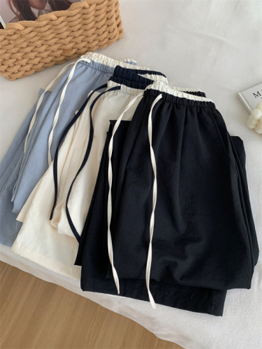 Contrast color waist ice silk wide leg pants for women summer thin high waist slim drape straight pants sun protection cool sports pants