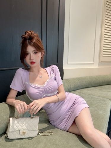 Real shot~Sweet lace taro purple short-sleeved slim-fitting hip-hugging irregular slimming stretchy and gentle style dress for women