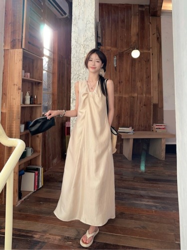 Actual shot~ Knotted design gilded ice plum acetate texture Tencel vest dress women's French long skirt