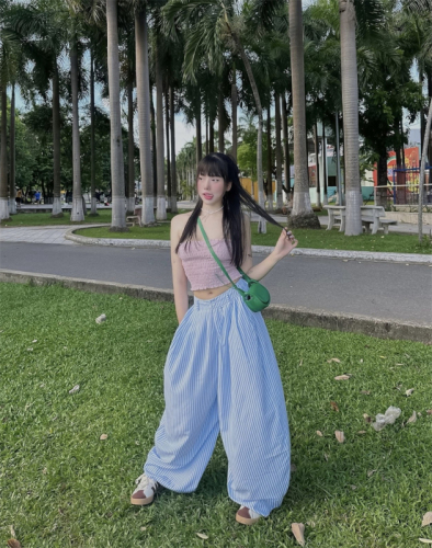 Real shot of high-waisted wide-leg pink striped casual pants and blue versatile loose-fitting casual pants