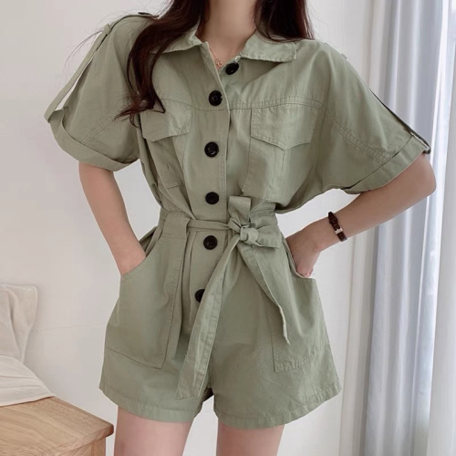 Korean chic summer new style lapel double pocket design slimming single breasted wide leg workwear jumpsuit shorts for women