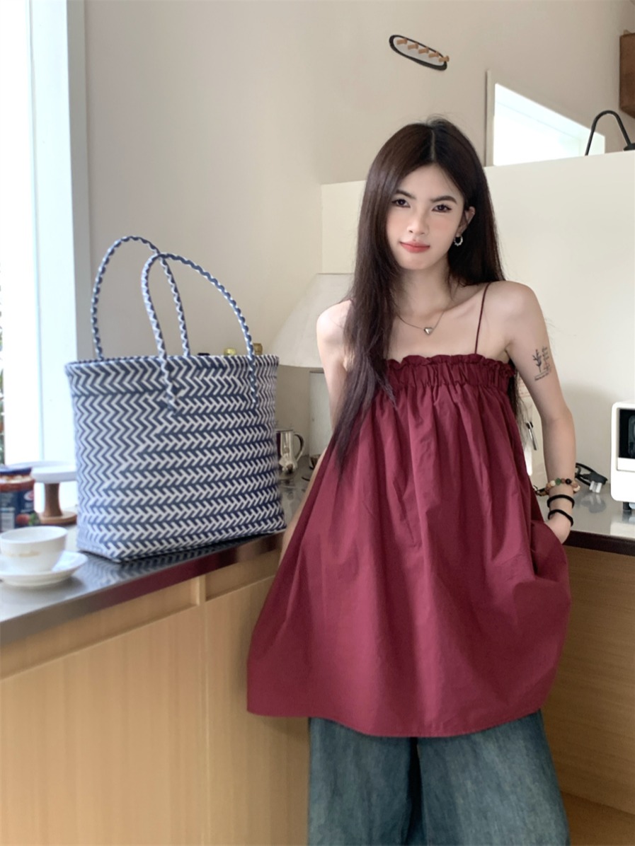Real shot!  Resort style solid color loose suspender chic ruffled sleeveless top for women