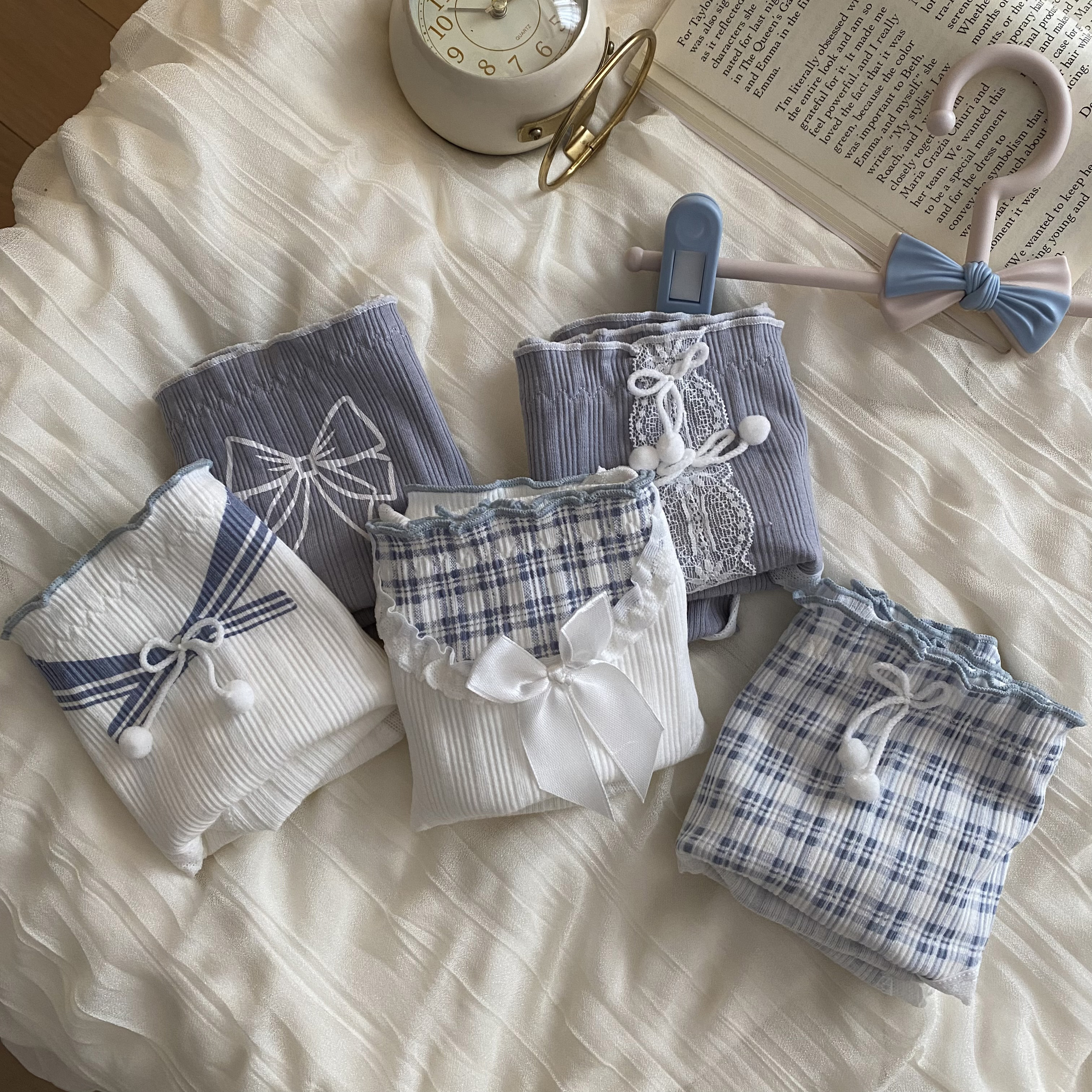 Real shot of sexy girl plaid bow cotton antibacterial crotch briefs student underwear for women 3 pack