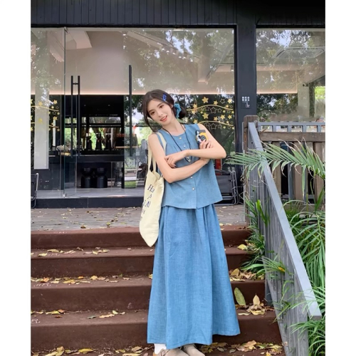 Summer 2024 new high-waisted skirt fashionable two-piece set women's large size sleeveless ice silk denim blue vest top