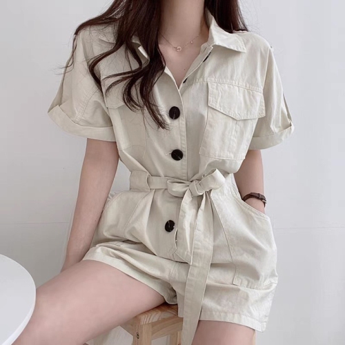 Korean chic summer new style lapel double pocket design slimming single breasted wide leg workwear jumpsuit shorts for women