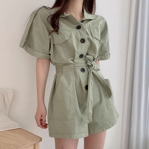 Korean chic summer new style lapel double pocket design slimming single breasted wide leg workwear jumpsuit shorts for women