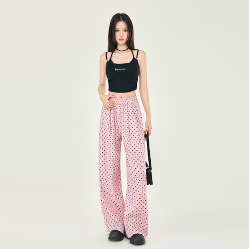 Actual shot of new summer high-waisted loose casual pants for women with wide legs and drapey polka-dot Yamamoto pants