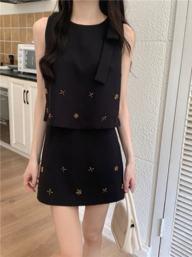 Real shot, real summer new heavy industry beading French style small fragrant vest suit women's short skirt two-piece set