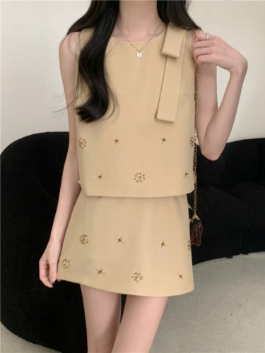 Real shot, real summer new heavy industry beading French style small fragrant vest suit women's short skirt two-piece set