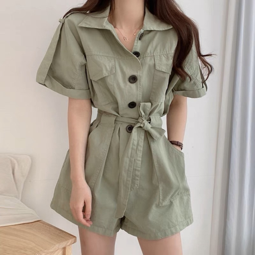 Korean chic summer new style lapel double pocket design slimming single breasted wide leg workwear jumpsuit shorts for women