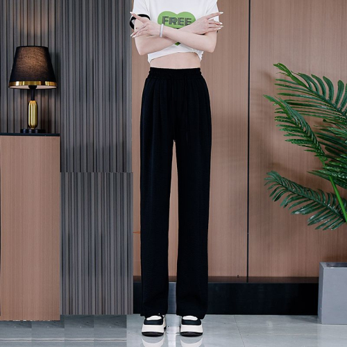 Ice silk narrow wide-leg pants for women 2024 new summer thin high-waist drape straight pants slim and versatile casual pants