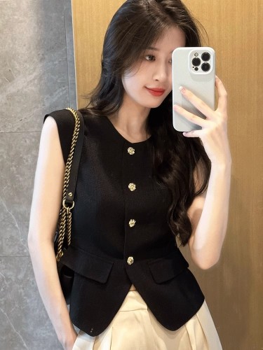 Official picture with lining, black small fragrant vest, women's summer outer wear, thin pony clip sleeveless top