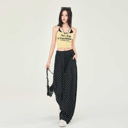 Actual shot of new summer high-waisted loose casual pants for women with wide legs and drapey polka-dot Yamamoto pants