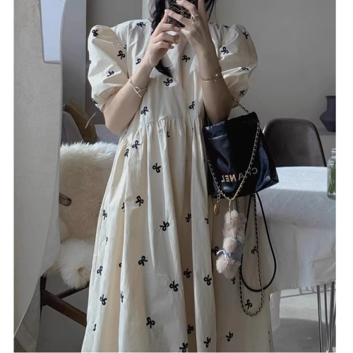 Korean Dongdaemun sweet age-reducing round neck bow print design loose mid-length puff sleeve dress for women