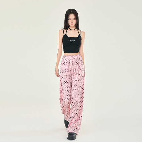 Actual shot of new summer high-waisted loose casual pants for women with wide legs and drapey polka-dot Yamamoto pants