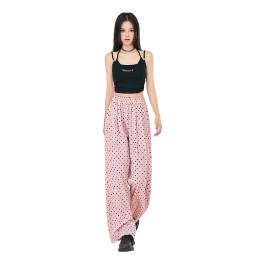 Actual shot of new summer high-waisted loose casual pants for women with wide legs and drapey polka-dot Yamamoto pants