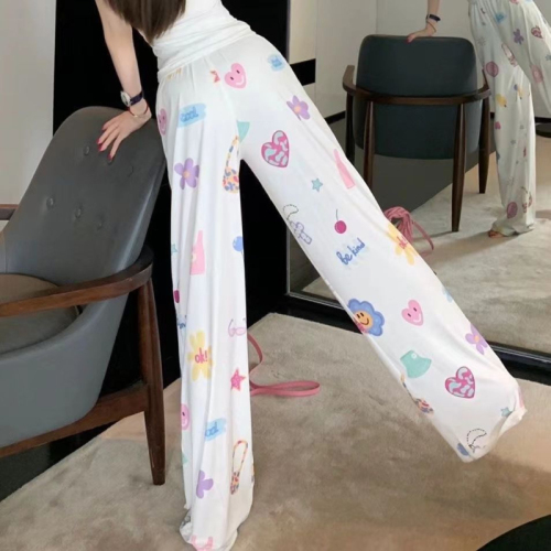 Jiyu sweet college style hiphop printed pattern casual pants for women summer loose high waist slim wide leg pants