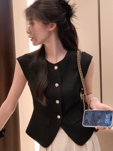 Official picture with lining, black small fragrant vest, women's summer outer wear, thin pony clip sleeveless top