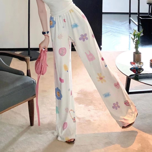 Jiyu sweet college style hiphop printed pattern casual pants for women summer loose high waist slim wide leg pants