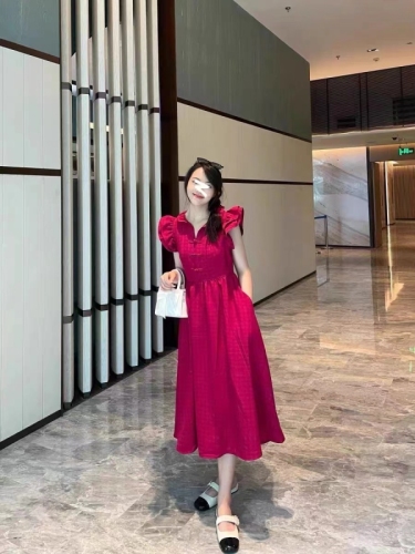 French retro red small flying sleeve dress women's summer waist slimming A-line skirt temperament high-end long skirt