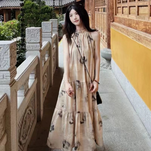 New Chinese style ink smudged halterneck off-shoulder dress uma style loose design sleeveless gentle long dress