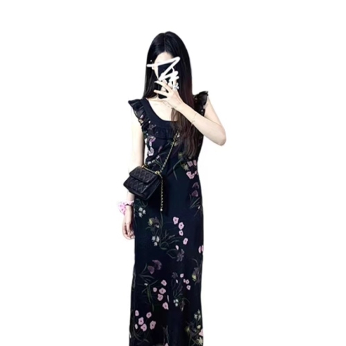 Tea break French high-end black floral dress women's summer 2024 new small temperament long dress