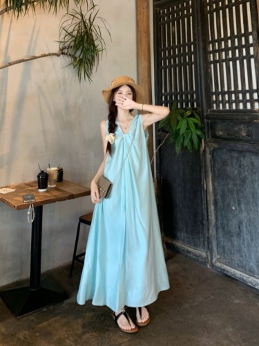 Real shot~ Tea break girl’s kink design long blue sleeveless vest dress for women