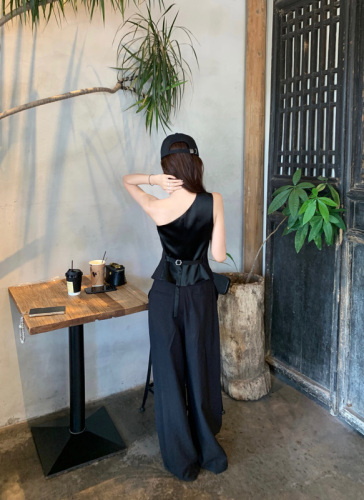 Real shot~ Fashionable high-end irregular three-dimensional tailoring slanted shoulder linen vest women's wide-leg trousers suit