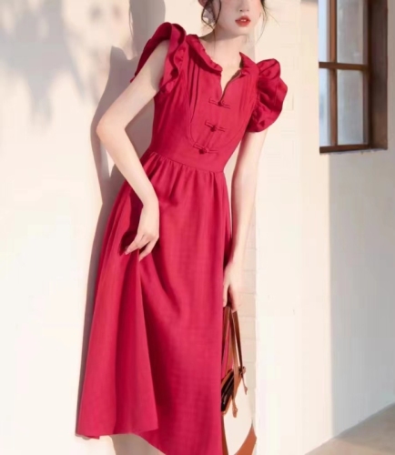 French retro red small flying sleeve dress women's summer waist slimming A-line skirt temperament high-end long skirt