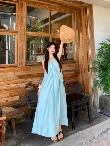 Real shot~ Tea break girl’s kink design long blue sleeveless vest dress for women