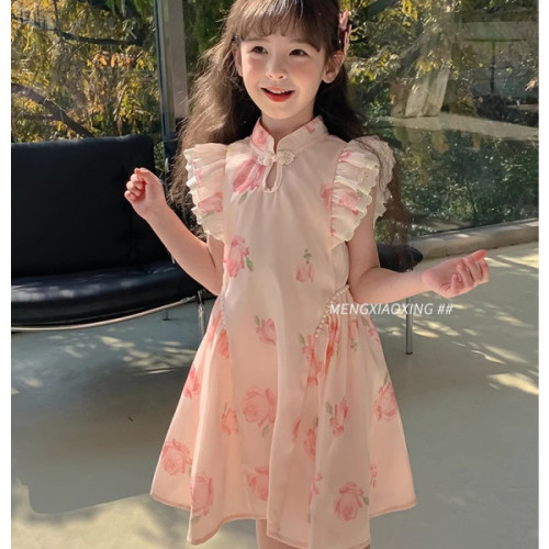 Girls Dress Summer 2024 New Children's Style Flying Sleeve Cheongsam Dress Baby Fashion Ancient Style Skirt Summer Dress