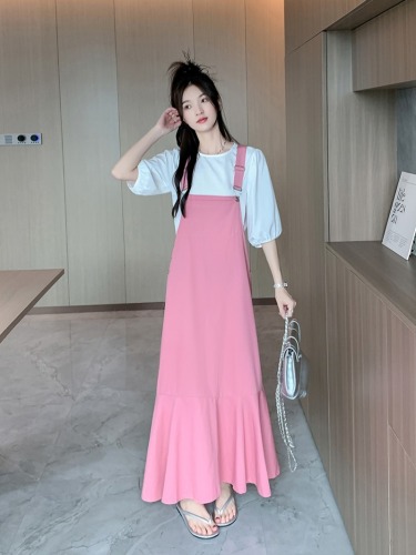 Real shot ~ Pink sweet denim suspender skirt suit, new Korean age-reducing puff sleeve top two-piece set