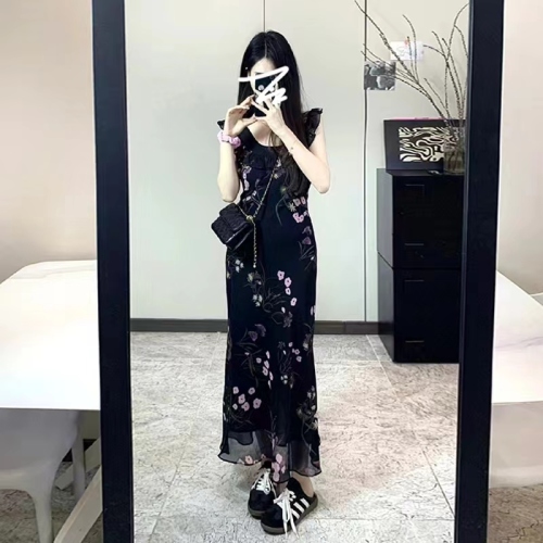 Tea break French high-end black floral dress women's summer 2024 new small temperament long dress