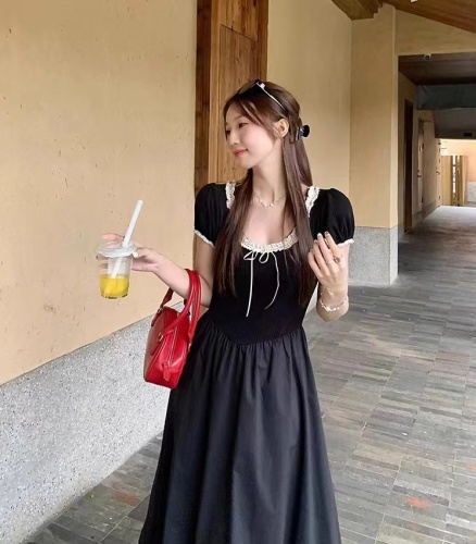 Wu 77 Sweet Girly Lace Round Neck Black Dress Women's Summer Puff Sleeve Slim Fit Puffy Long Skirt