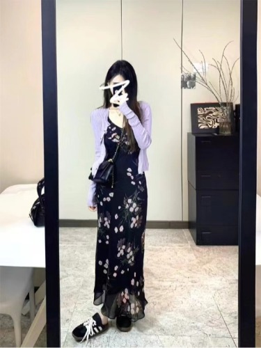 Tea break French high-end black floral dress women's summer 2024 new small temperament long dress