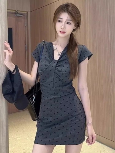 Gray polka dot hottie pure desire v-neck pleated short-sleeved dress for women summer waist slimming hip skirt