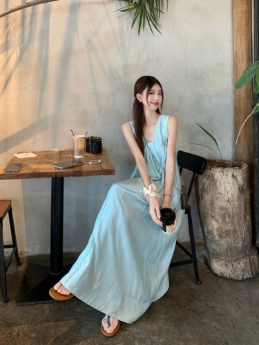 Real shot~ Tea break girl’s kink design long blue sleeveless vest dress for women